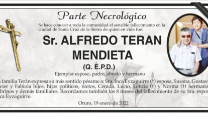 Parte Necrológico de Alfredo Teran Mendieta
