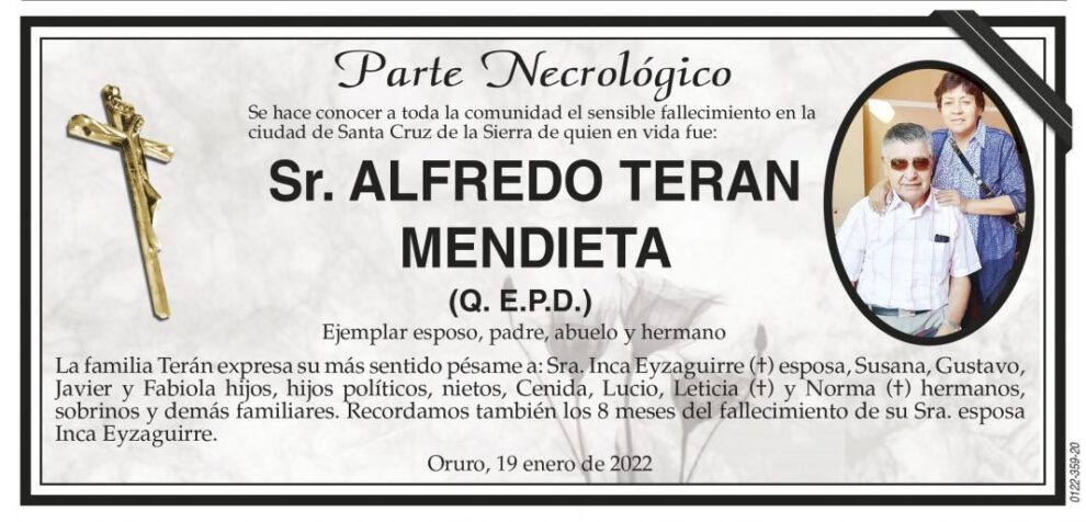 Parte Necrológico de Alfredo Teran Mendieta