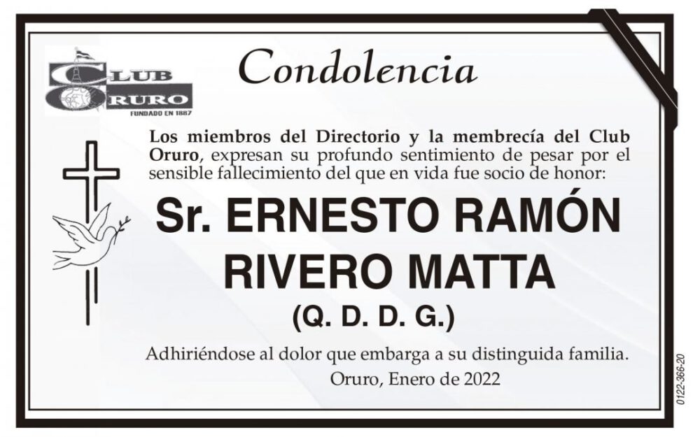 Condolencia por el fallecimiento de Ernesto Ramón Rivero Matta