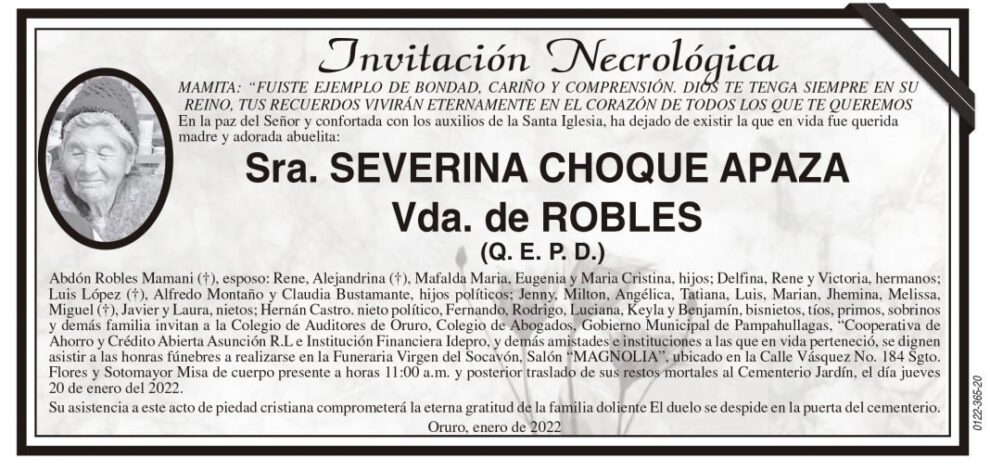Necrológica Severina Choque Apaza