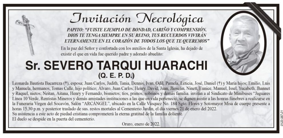 Invitación Necrológica para Severo Tarqui Huarachi