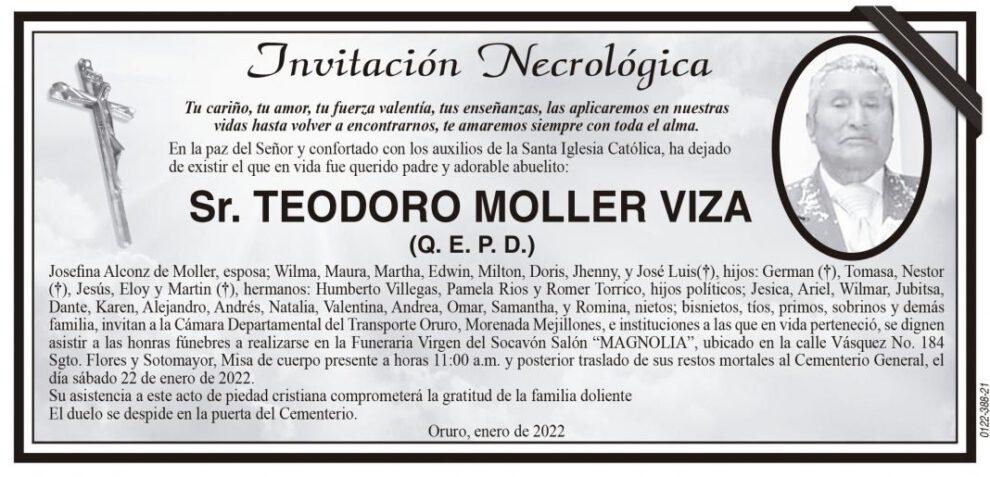 Invitación Necrológica para Teodoro Moller Viza