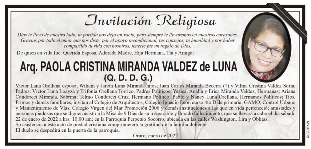 Invitación Religiosa para Paola Cristina Miranda Valdez