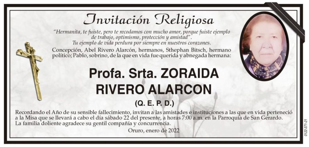 Invitación Religiosa para Zoraida Rivero Alarcón