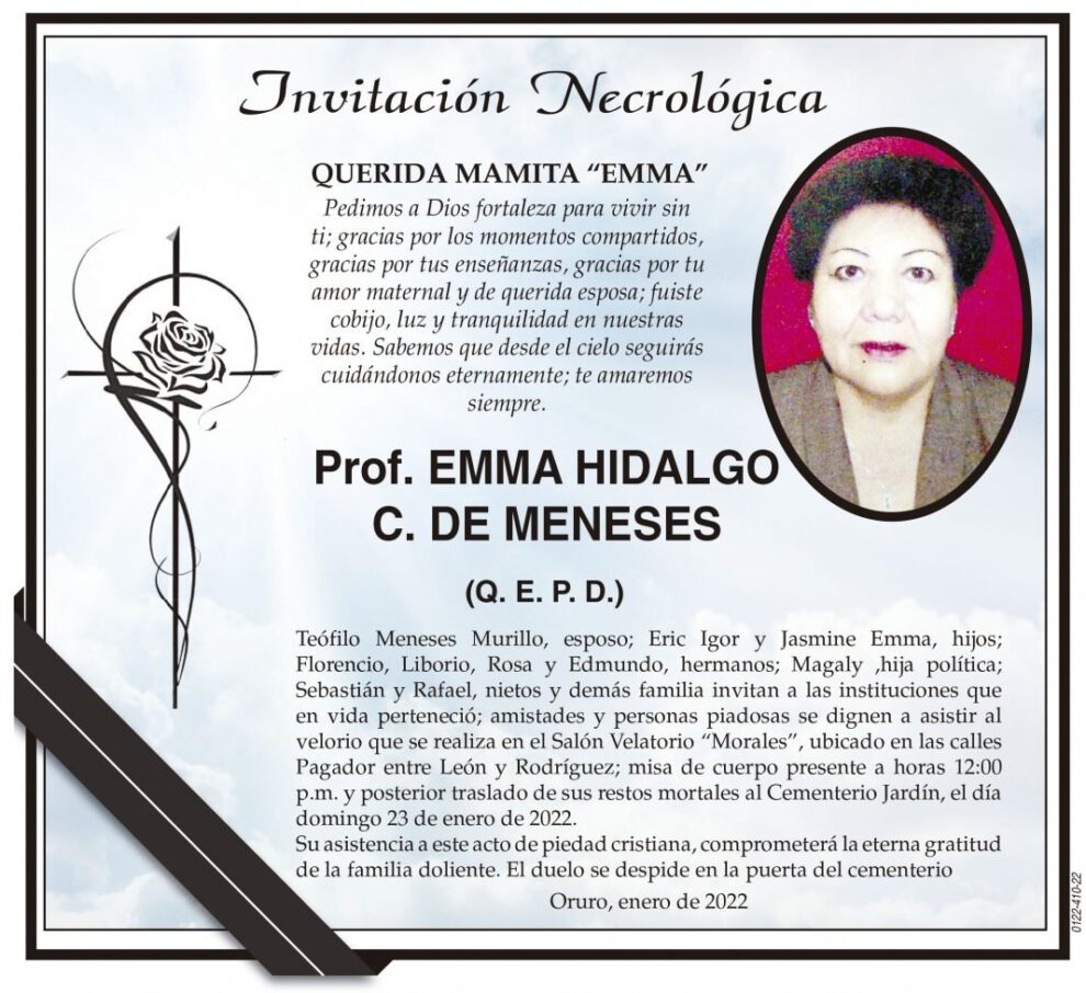 Invitación Necrológica: Prof. Emma Hidalgo C. de Meneses
