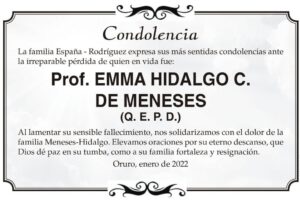 Condolencia por el fallecimiento de Prof. EMMA HIDALGO C. DE MENESES