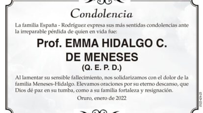 Condolencia por el fallecimiento de Prof. EMMA HIDALGO C. DE MENESES