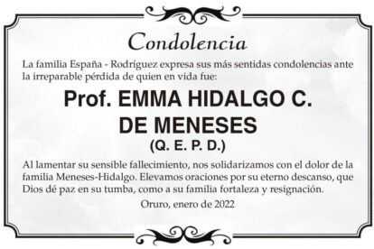 Condolencia por el fallecimiento de Prof. EMMA HIDALGO C. DE MENESES