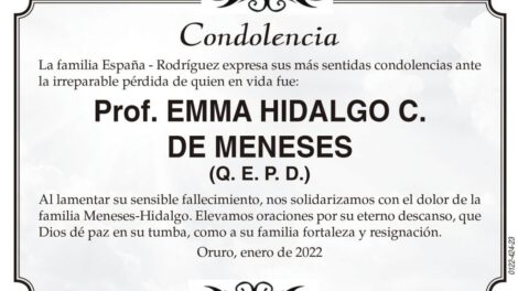 Condolencia por el fallecimiento de Prof. EMMA HIDALGO C. DE MENESES