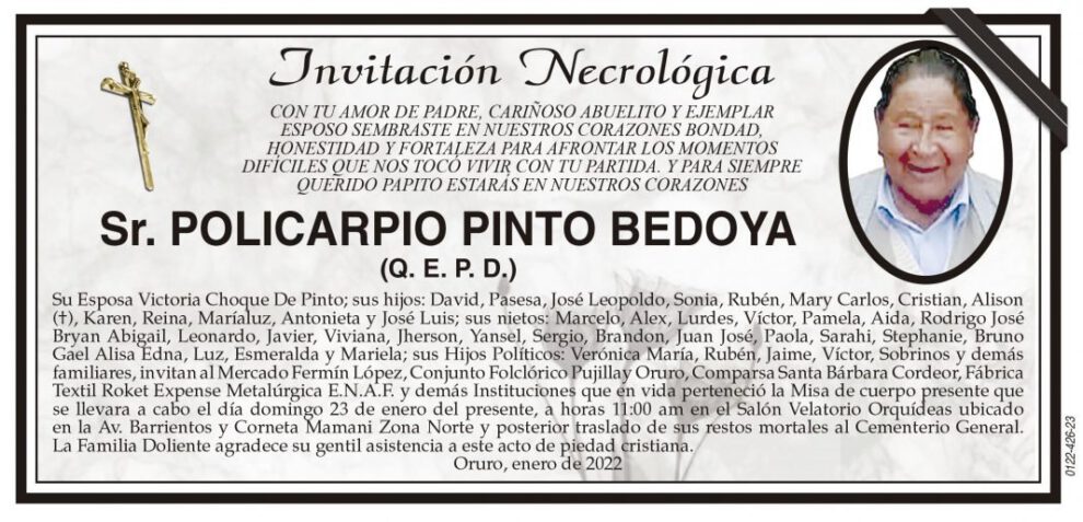 Invitación Necrológica: Sr. Policarpio Pinto Bedoya (Q. E. P. D.)