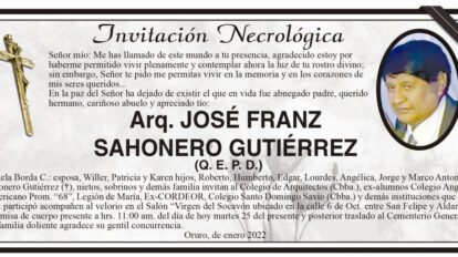Invitación Necrológica: José Franz Sahonero Gutiérrez