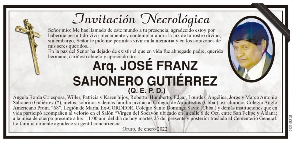 Invitación Necrológica: José Franz Sahonero Gutiérrez