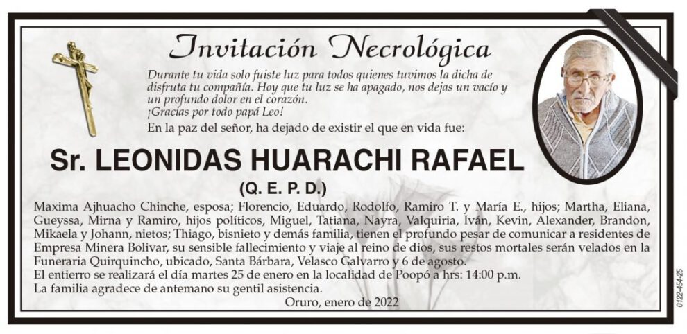 Invitación Necrológica de Leonidas Huarachi Rafael