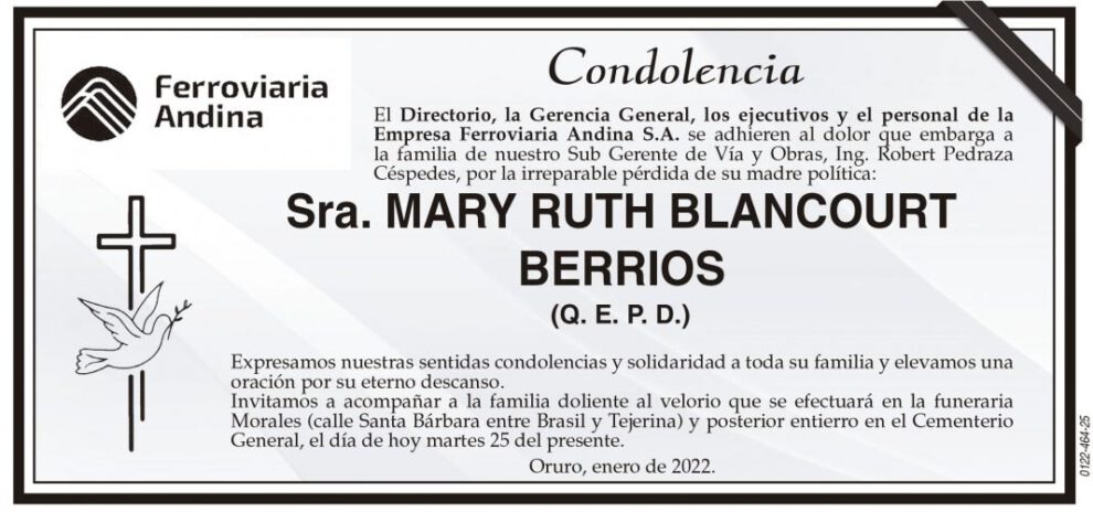 Condolencia Sra. Mary Ruth Blancourt Berrios