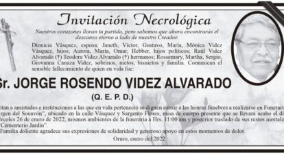 Invitación Necrológica de Jorge Rosendo Videz Alvarado