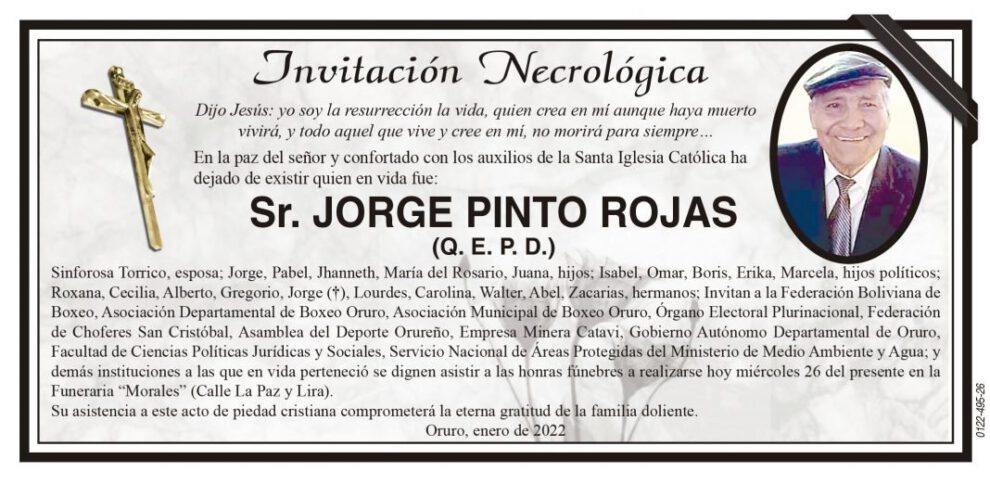 Invitación Necrológica: Sr. Jorge Pinto Rojas