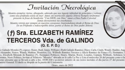 Invitación Necrológica de Elizabeth Ramírez Terceros