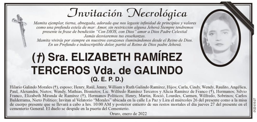 Invitación Necrológica de Elizabeth Ramírez Terceros