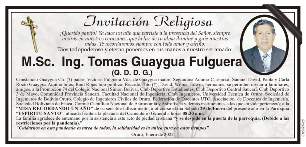 Misa recordando a M.Sc. Ing. Tomas Guaygua Fulguera