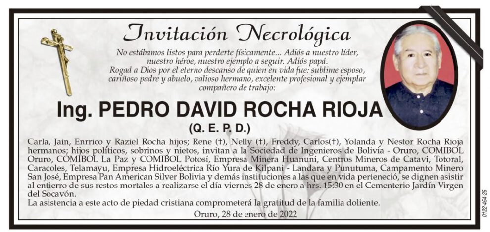 Necrológica de Ing. Pedro David Rocha Rioja
