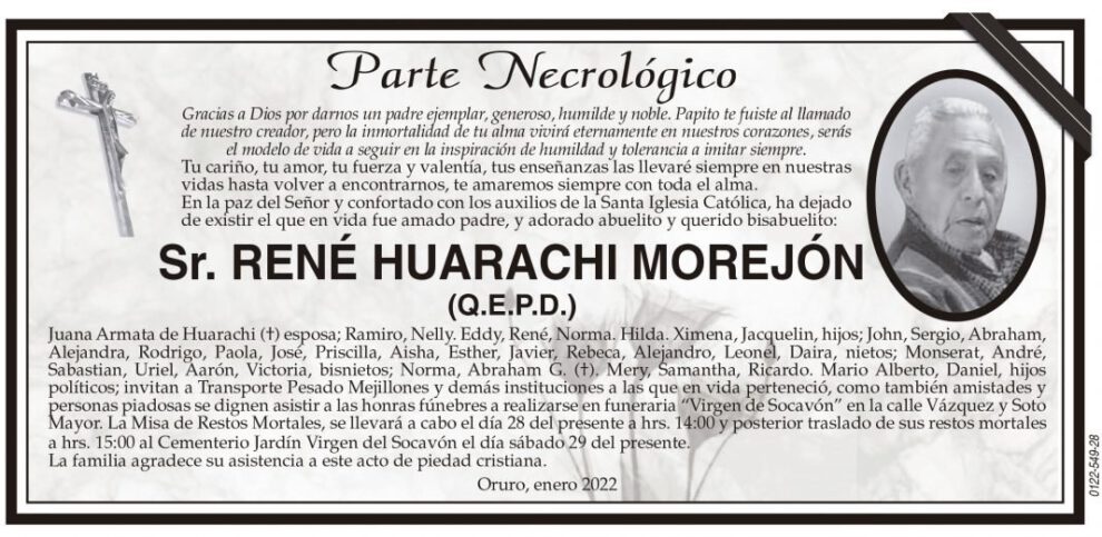 Necrológico de René Huarachi Morejón