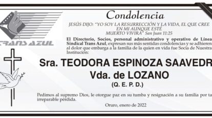 Condolencia por la Sra. Teodora Espinoza Saavedra