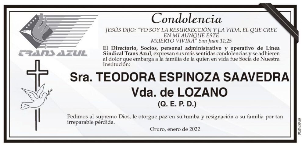 Condolencia por la Sra. Teodora Espinoza Saavedra