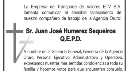 Condolencias por el fallecimiento de Juan José Humerez Sequeiros
