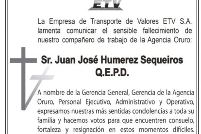 Condolencias por el fallecimiento de Juan José Humerez Sequeiros