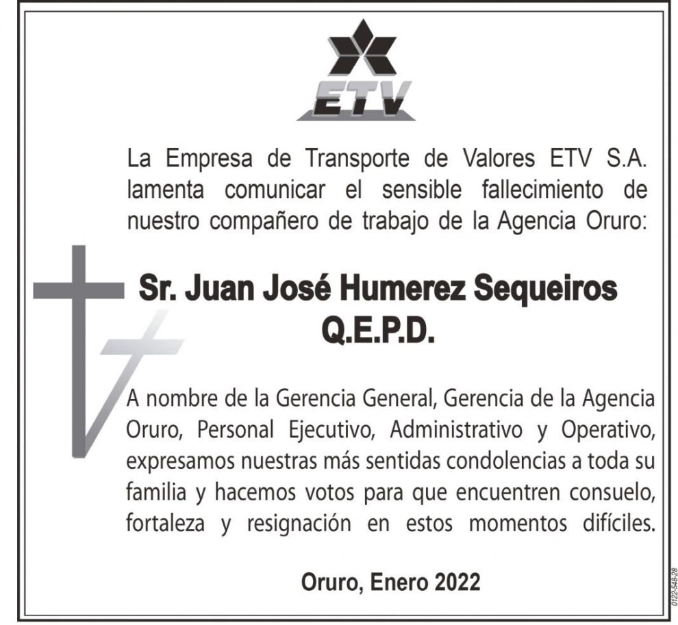 Condolencias por el fallecimiento de Juan José Humerez Sequeiros