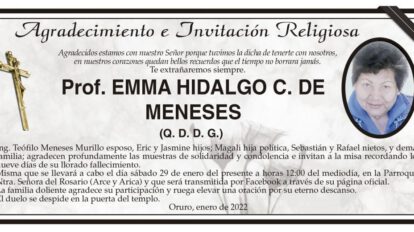 Agradecimiento e Invitación Religiosa por Prof. EMMA HIDALGO C. DE MENESES