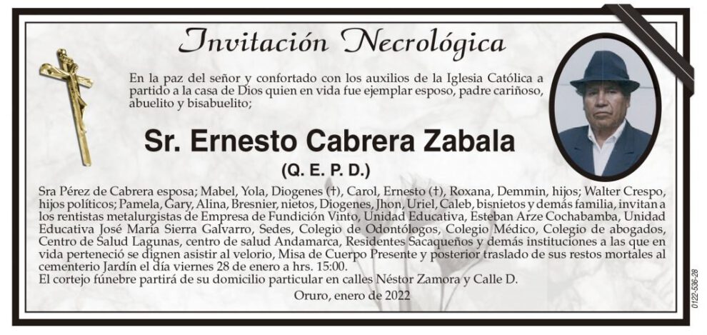 Invitación Necrológica: Sr. Ernesto Cabrera Zabala