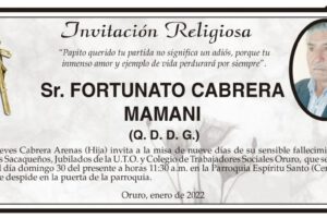 Invitación Religiosa por el fallecimiento de Fortunato Cabrera Mamani