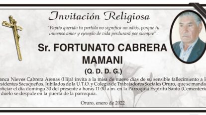 Invitación Religiosa por el fallecimiento de Fortunato Cabrera Mamani
