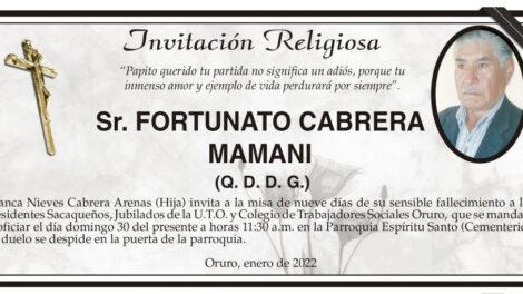 Invitación Religiosa por el fallecimiento de Fortunato Cabrera Mamani