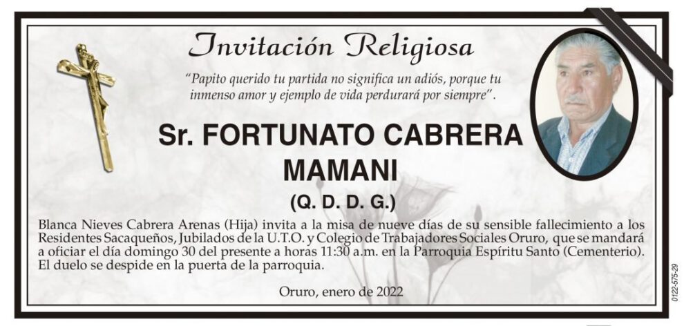 Invitación Religiosa por el fallecimiento de Fortunato Cabrera Mamani