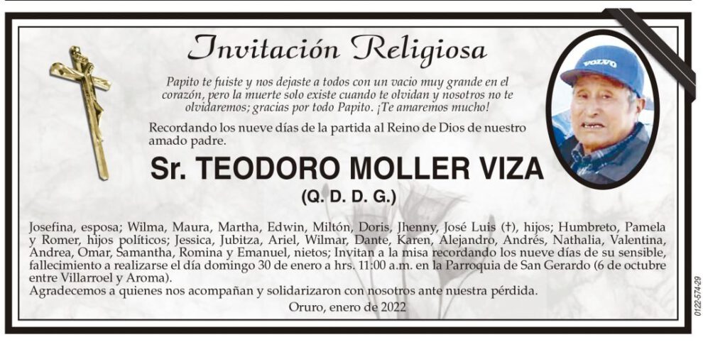 Invitación Religiosa para Teodoro Moller Viza