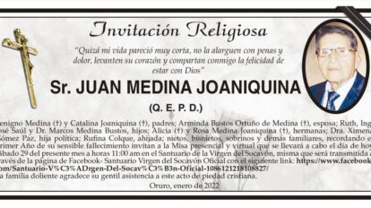 Invitación Religiosa para Juan Medina Joaniquina