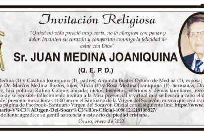 Invitación Religiosa para Juan Medina Joaniquina