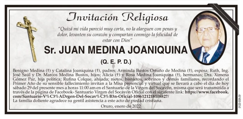 Invitación Religiosa para Juan Medina Joaniquina