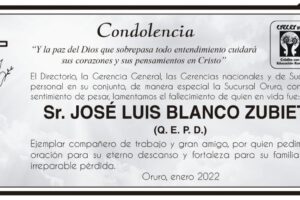 Condolencia por el fallecimiento de José Luis Blanco Zubieta
