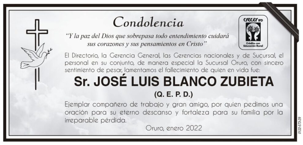 Condolencia por el fallecimiento de José Luis Blanco Zubieta