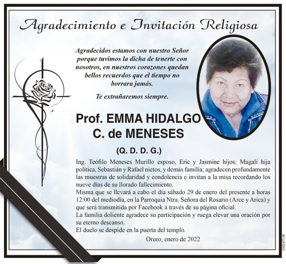 Agradecimiento e Invitación Religiosa por el Prof. Emma Hidalgo C. de Meneses
