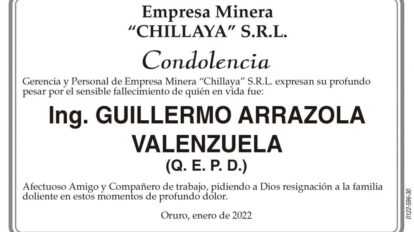 Condolencia por el fallecimiento de Ing. Guillermo Arrazola Valenzuela