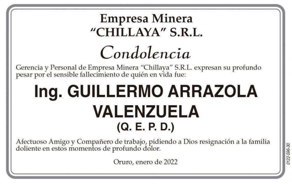 Condolencia por el fallecimiento de Ing. Guillermo Arrazola Valenzuela