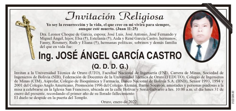 Ing. José Ángel García Castro, invitación religiosa y misa en su memoria