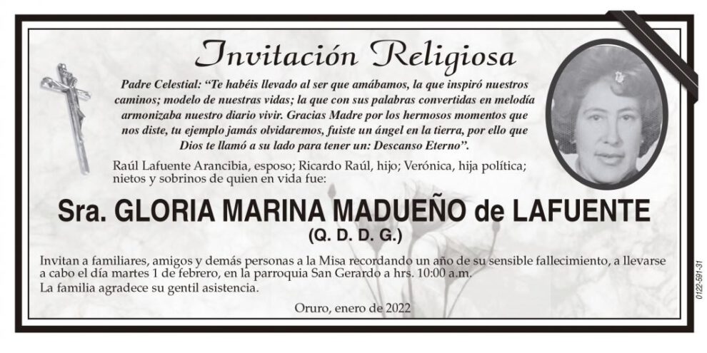 Invitación Religiosa: Gloria Marina Madueño de Lafuente