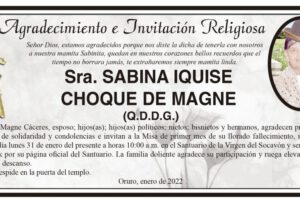 Agradecimiento e Invitación Religiosa por Sabina Iquise Choque de Magne