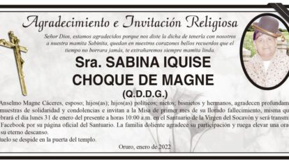 Agradecimiento e Invitación Religiosa por Sabina Iquise Choque de Magne