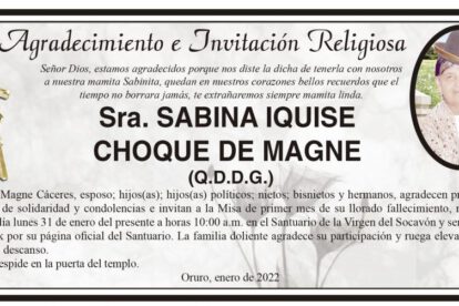 Agradecimiento e Invitación Religiosa por Sabina Iquise Choque de Magne